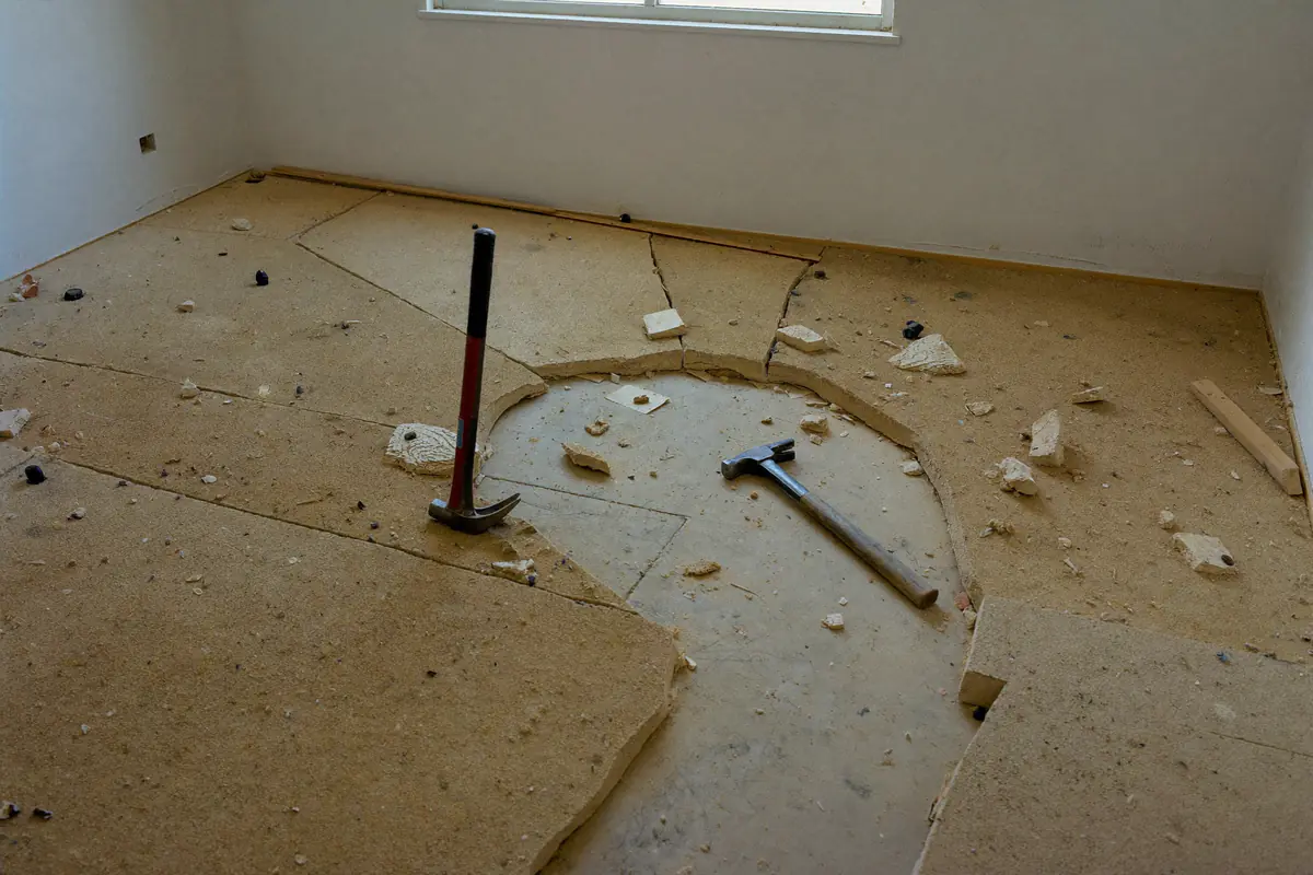 Uitgebroken zandcement dekvloer in grote brokken in een lege kamer, met de betonvloer eronder zichtbaar